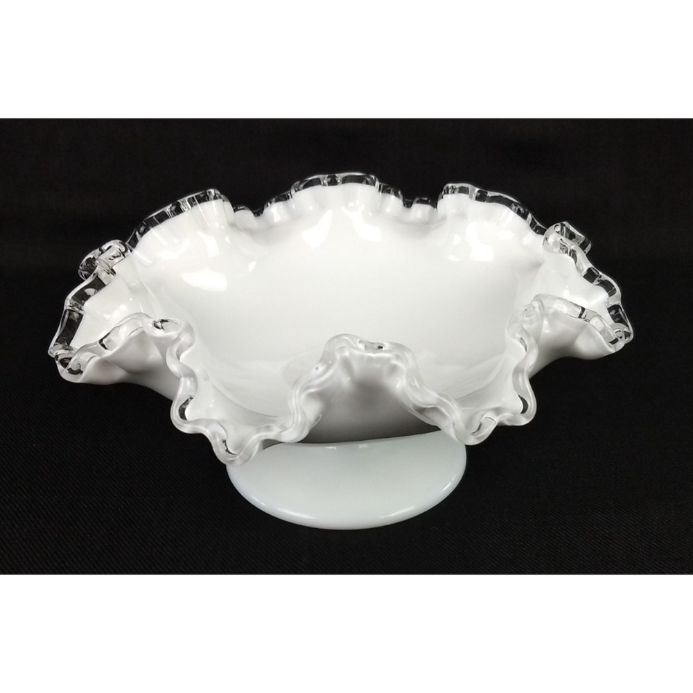 Vintage Fenton White Silver Crest Ruffle Edge Bowl MCM 8" Footed Milk Glass Dish